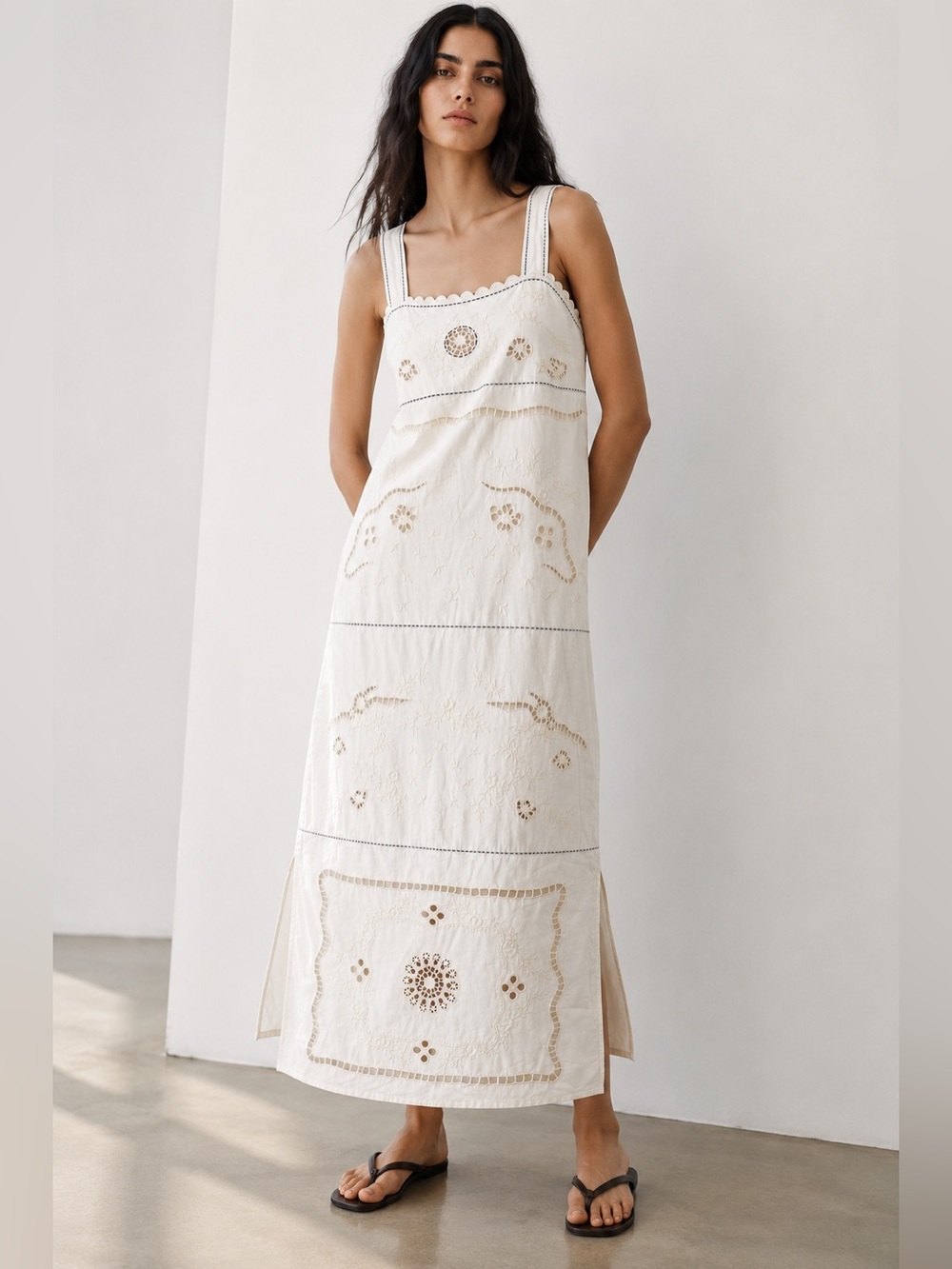 $139 NWT ZARA ZW Collection Embroidered Midi Dress M Ecru Eyelet Cutwork Cotton